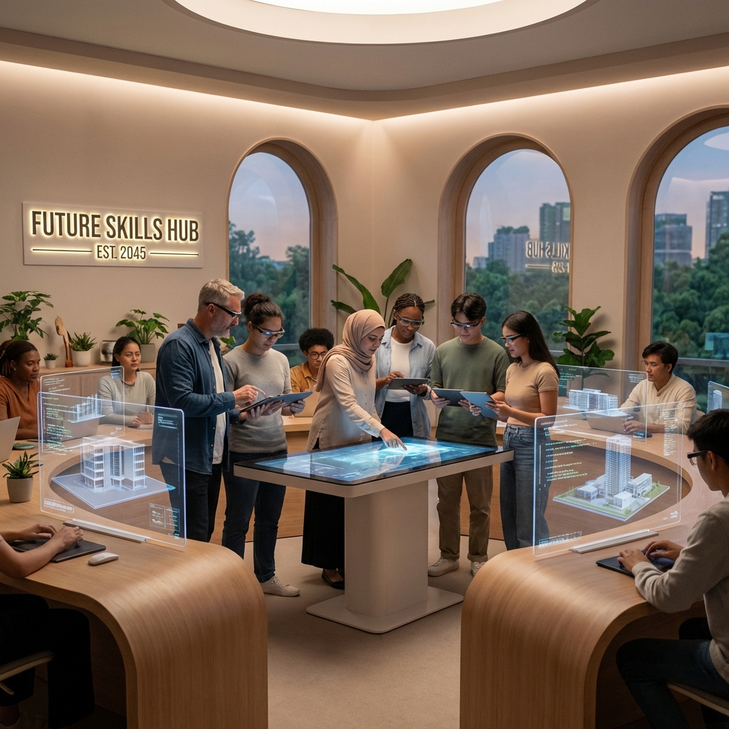 A modern futuristic classroom with holographic screens, diverse group of people learning tech skills, warm and inspiring atmosphere, soft studio lighting, 1:1