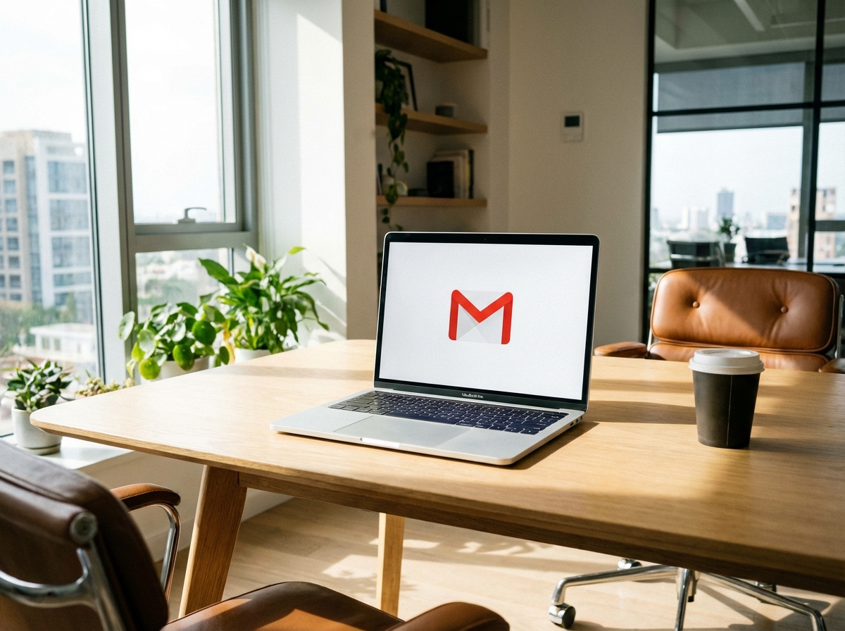 A modern silver laptop on a clean wooden desk showing the Gmail logo on the screen, professional office environment, soft natural lighting, 4:3