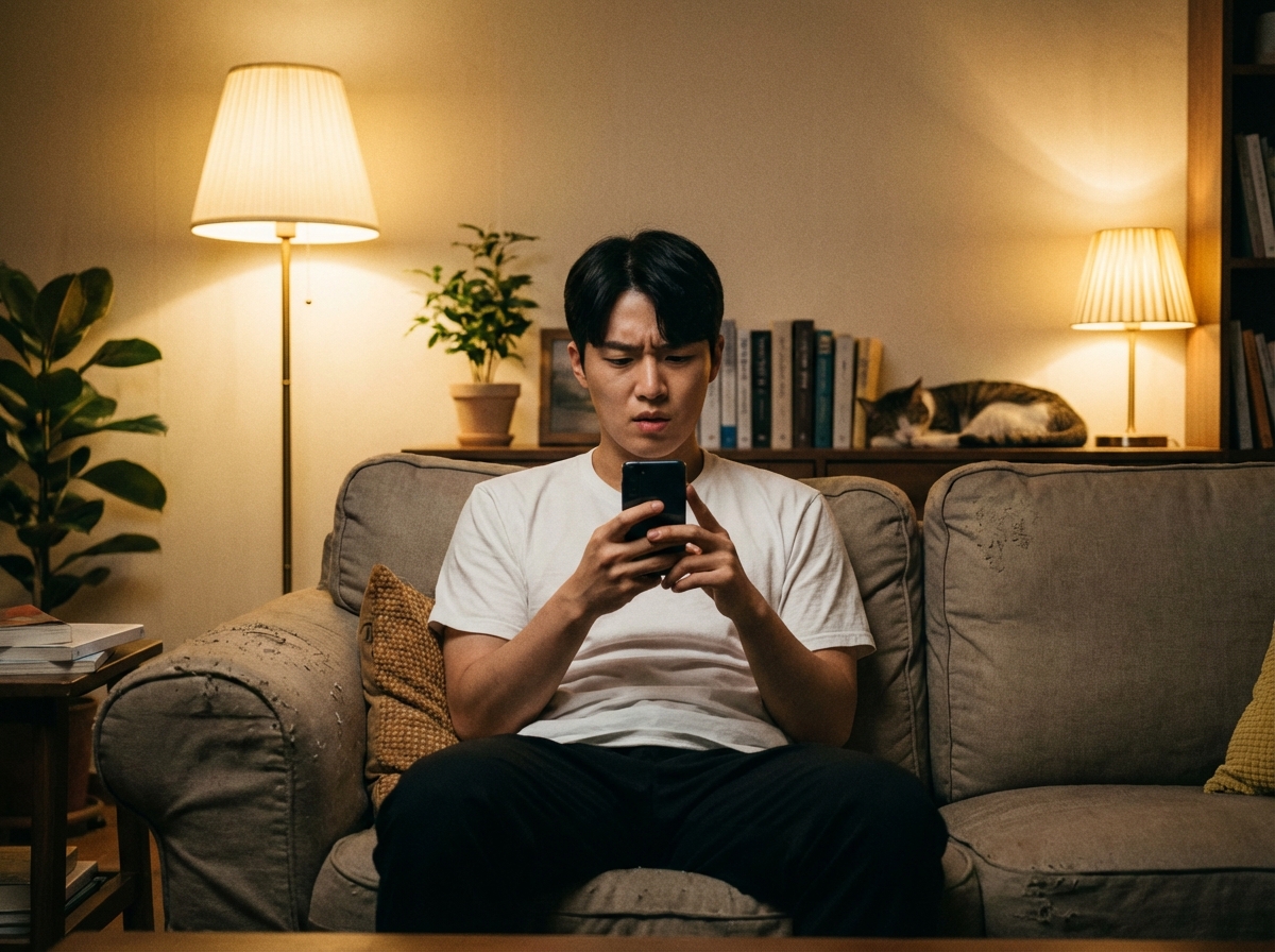 A young Korean man looking at his smartphone with a confused expression in a living room, warm indoor lighting, 4:3