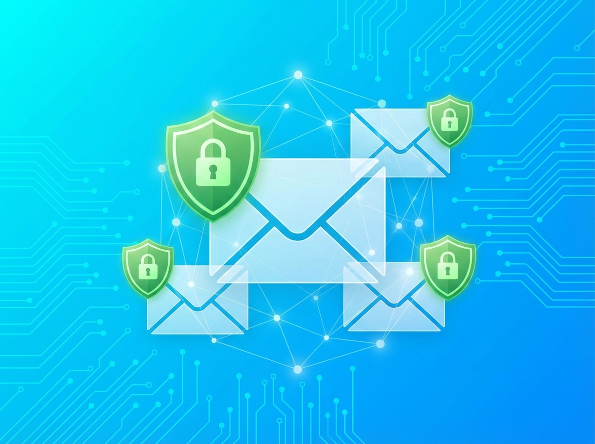 Modern conceptual illustration of email security, envelope icons with green shields, bright blue gradient background, 4:3