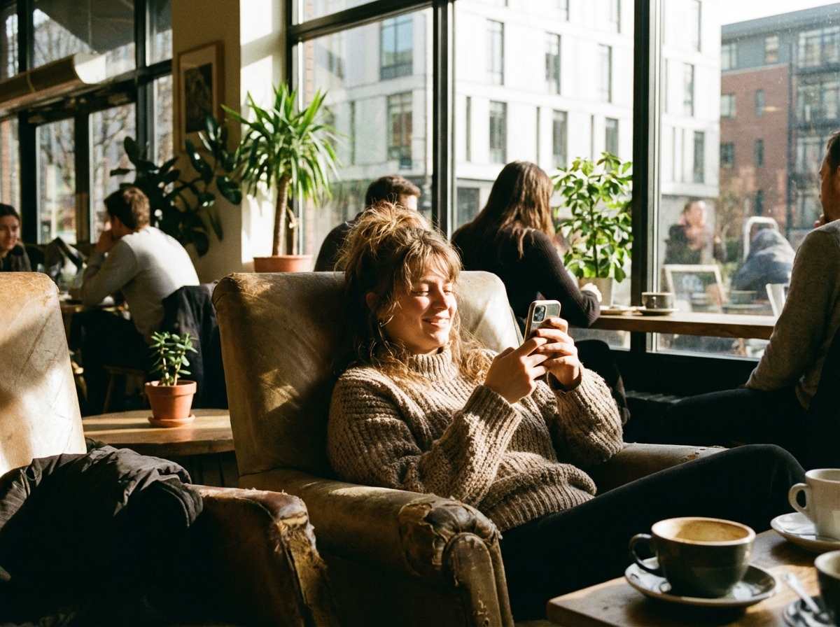 A person sitting in a bright cafe using a smartphone with a relaxed expression, soft morning sunlight, 4:3