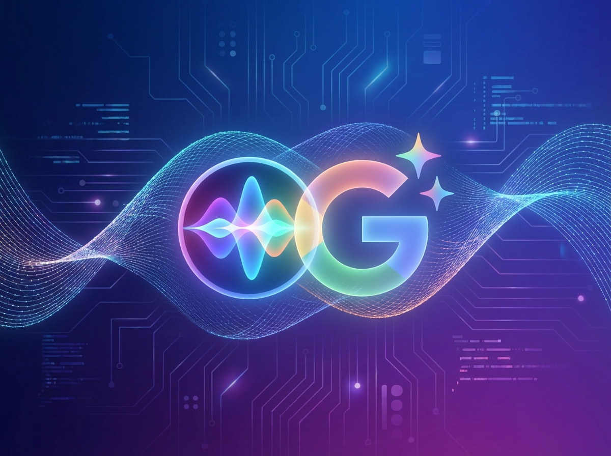 A sleek and modern visualization of the Apple Siri logo glowing with a futuristic multi-colored aura, merging with elements suggestive of Google Gemini AI, abstract digital wave patterns, high tech aesthetic, deep blue and purple gradient background, 4:3