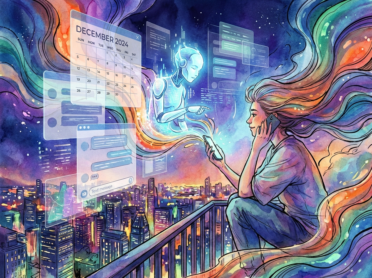 An artistic illustration of a person talking to a glowing AI entity through a smartphone, translucent digital layers showing calendar and messages, creative and colorful composition, 4:3