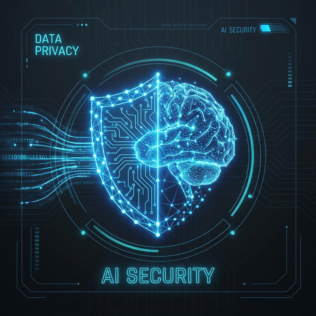 A high-tech concept image showing a shield icon merged with a glowing neural network, representing data privacy in AI, professional dark mode aesthetic, vibrant blue accents, 1:1