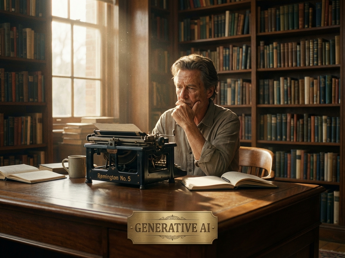 A cinematic photo of a professional writer sitting at a wooden desk with a vintage typewriter, looking thoughtful, warm library lighting, bookshelves in background, Generative AI theme, no text, 4:3