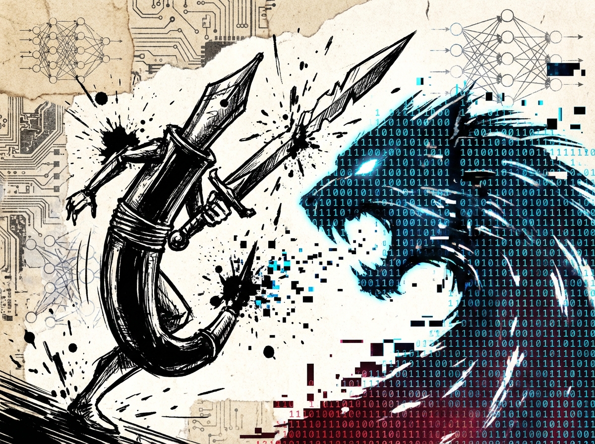 A high contrast conceptual illustration showing a traditional fountain pen clashing with digital binary code streams, artistic rendering, textured background, Generative AI theme, no text, 4:3