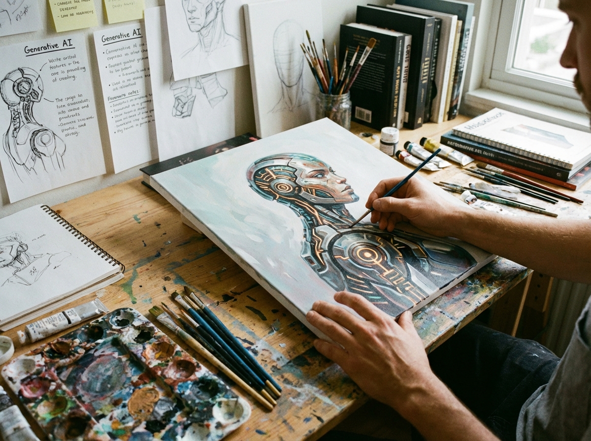 A close up shot of a person hand-painting a detailed science fiction character on a canvas, paint brushes and palettes visible, messy but creative studio, realistic style, Generative AI theme, 4:3