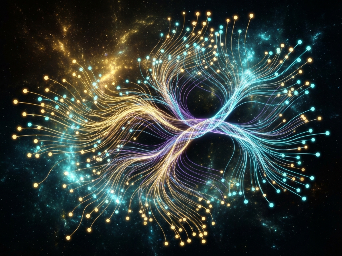 An abstract visualization of social intelligence showing glowing nodes connected by vibrant light trails representing human and AI communication. Dark background with glowing golden and cyan highlights. 4:3