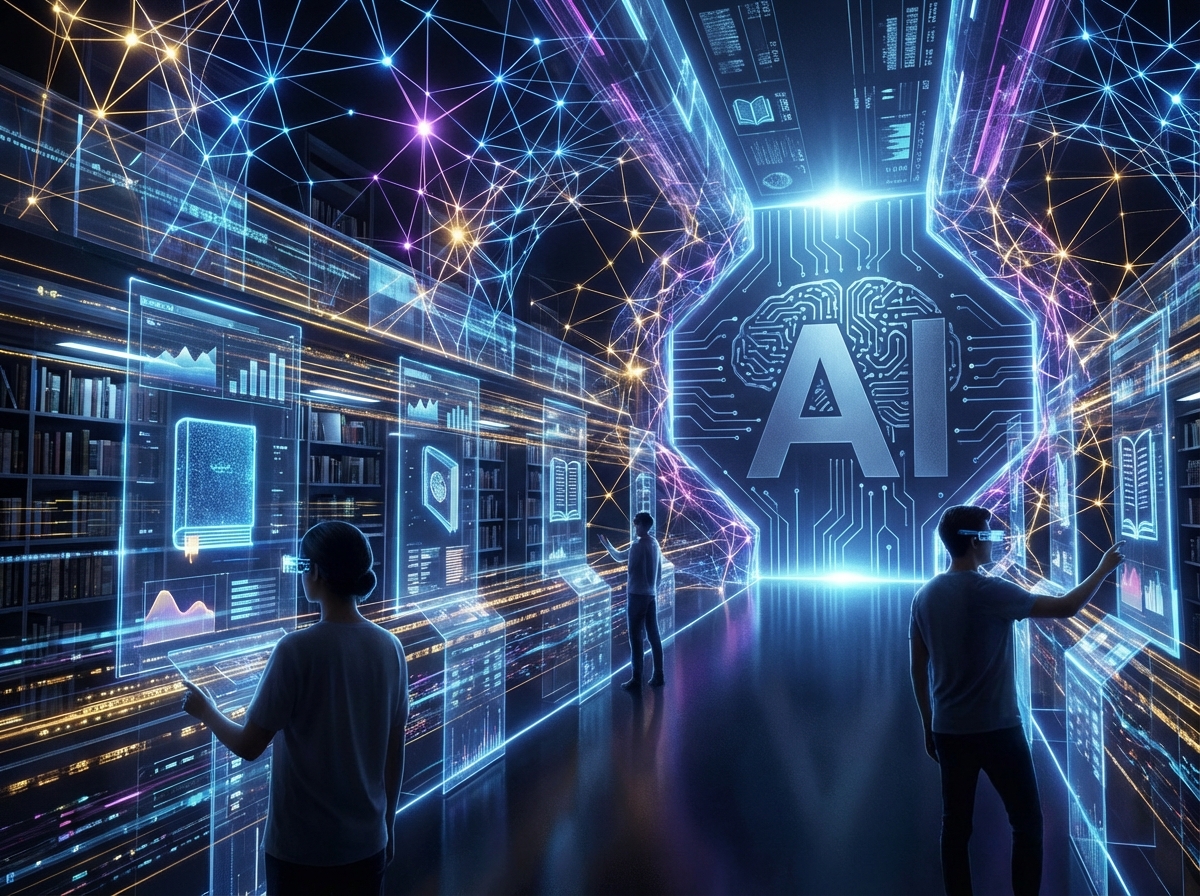 A modern digital library concept with glowing neural network connections. A large AI logo is subtly integrated into the background. High contrast, informational style, clean layout. 4:3
