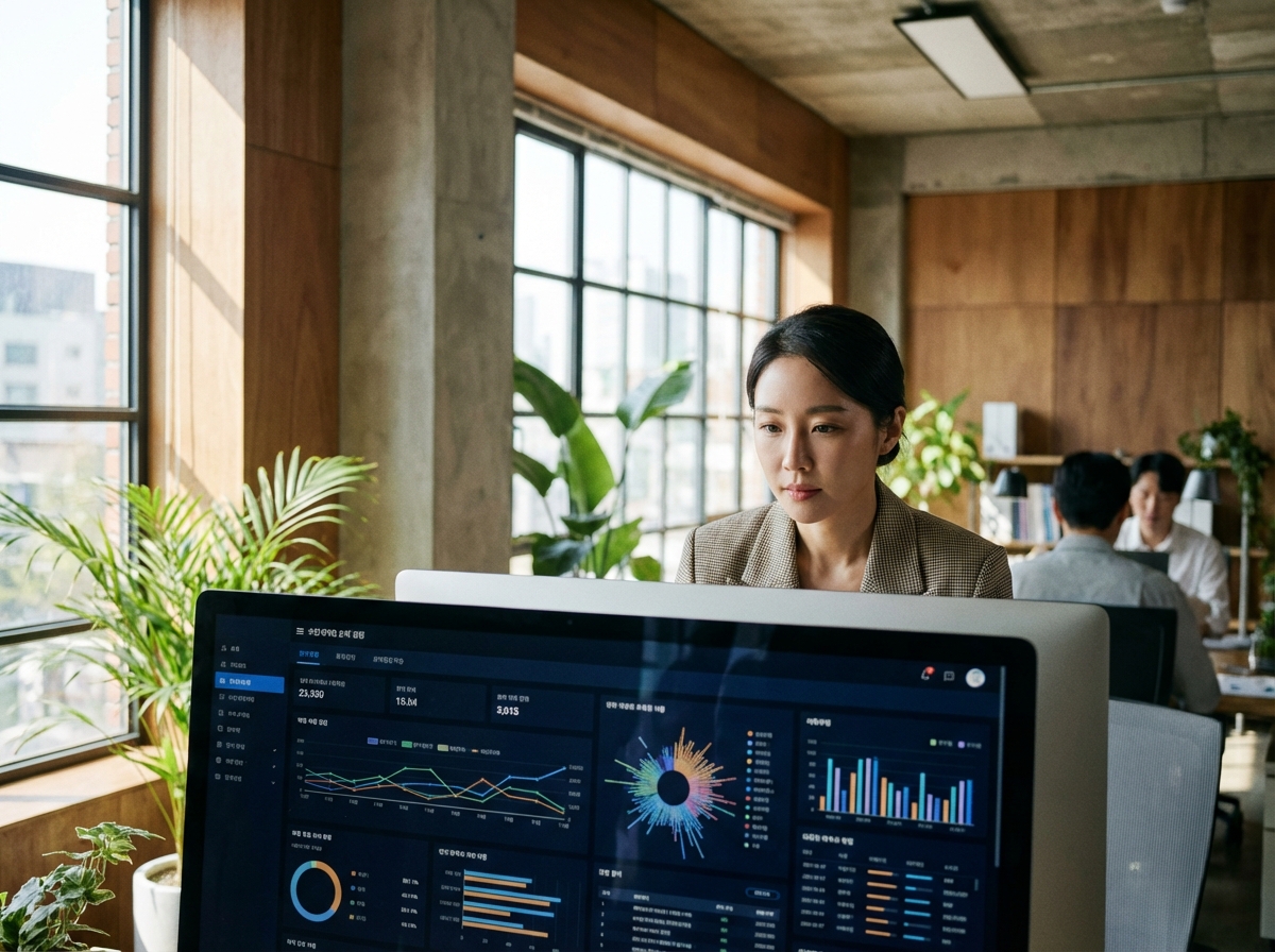 A Korean professional person in a modern office looking at a computer screen with complex data. Natural lighting, lifestyle photography, focused expression. 4:3