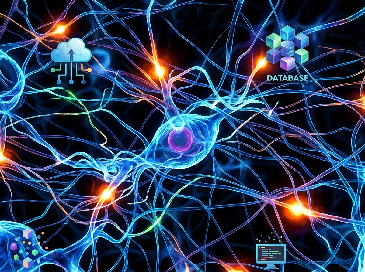 Abstract visualization of neural networks connecting different digital information sources. Vibrant colors, high contrast, artistic rendering. 4:3