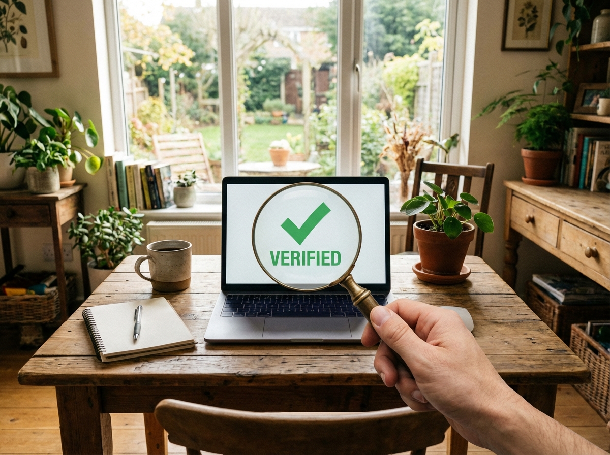 A clean workspace with a laptop. A hand is holding a magnifying glass over the screen, symbolizing verification. Natural setting, warm lighting, detailed composition. 4:3