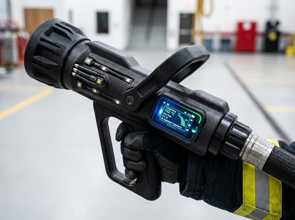 A futuristic firefighting nozzle with integrated digital sensors and a small glowing display panel, high-tech matte black finish, professional firefighting equipment, 4:3