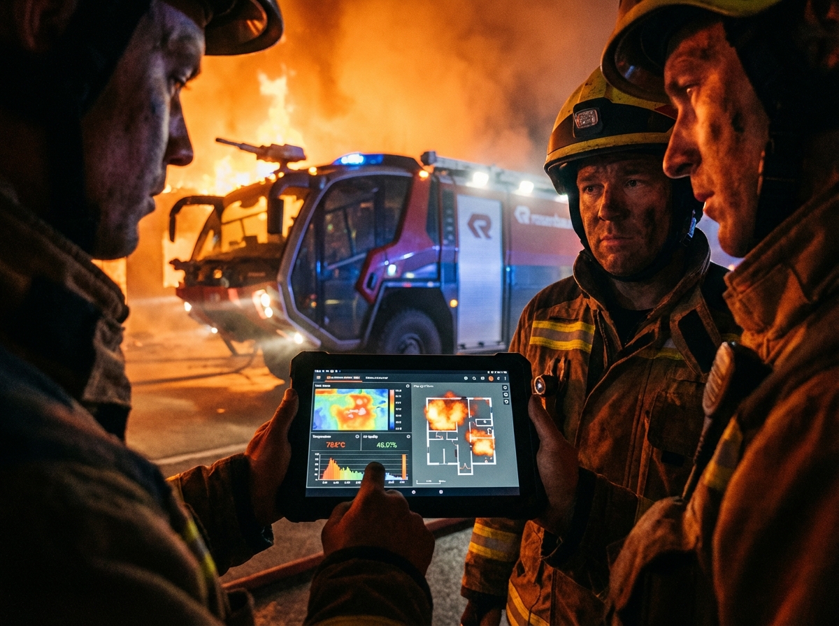 Firefighters using a rugged tablet showing real-time data visualizations and heat maps in front of a modern fire engine, nighttime orange glow, cinematic lighting, 4:3