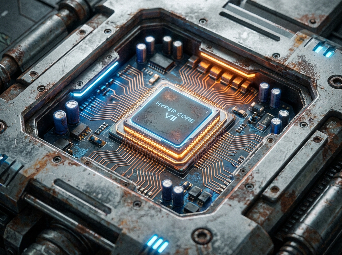 Macro photography of a high-tech internal circuit board with a small microprocessor, embedded inside a metallic structure, futuristic hardware design, industrial aesthetic, 4:3