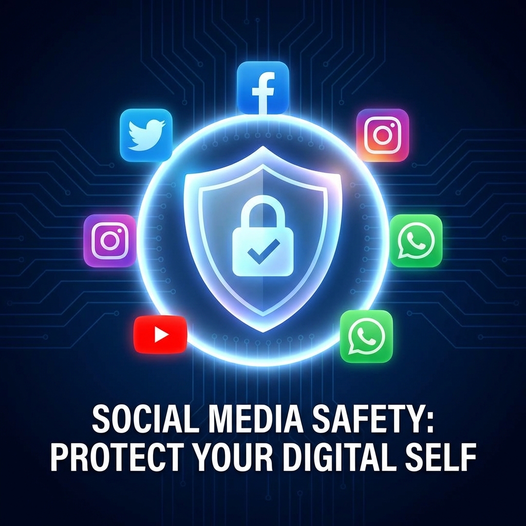 A symbolic representation of social media safety with a glowing shield protecting various colorful app icons on a dark blue background, high contrast, professional infographic style, 1:1