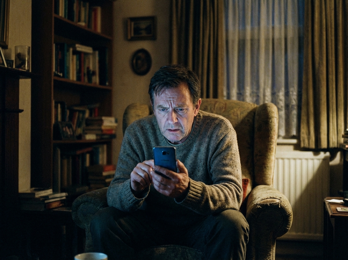 A realistic photography of a middle-aged father sitting in a dimly lit room, looking at a glowing smartphone screen with a concerned expression, soft lighting, emotional atmosphere, 4:3