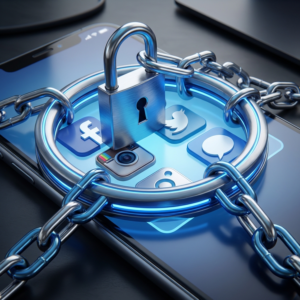 A close-up shot of a smartphone screen with 3D locks and security chains wrapping around social media app icons, metallic textures, blue and silver color palette, clean modern layout, 1:1