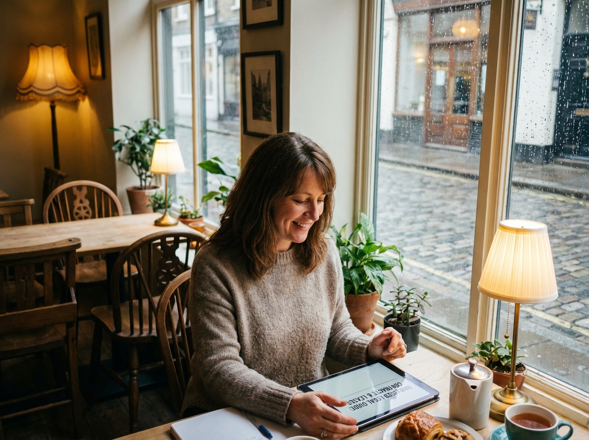 A small business owner in a cozy London cafe looking at a tablet showing simplified legal advice and documents, warm lighting, natural setting, 4:3