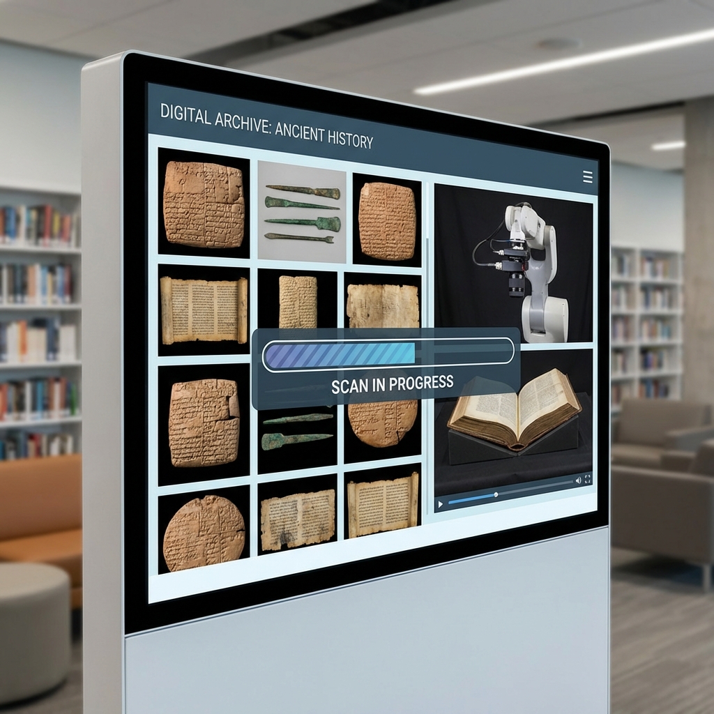 A digital library interface displaying historical museum artifacts and ancient manuscripts being scanned, modern layout, 1:1