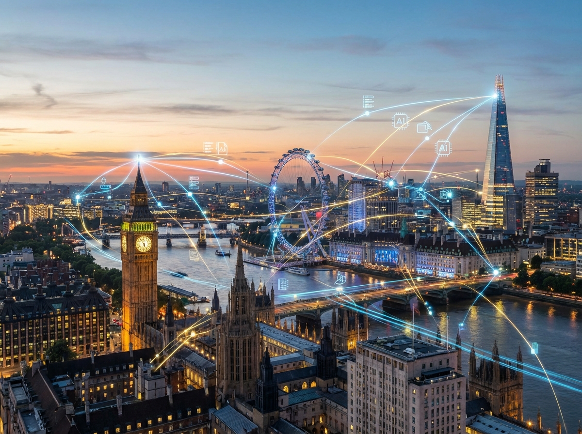A scenic evening view of London with a subtle digital overlay representing data flow and AI network connectivity, bright and balanced lighting, 4:3