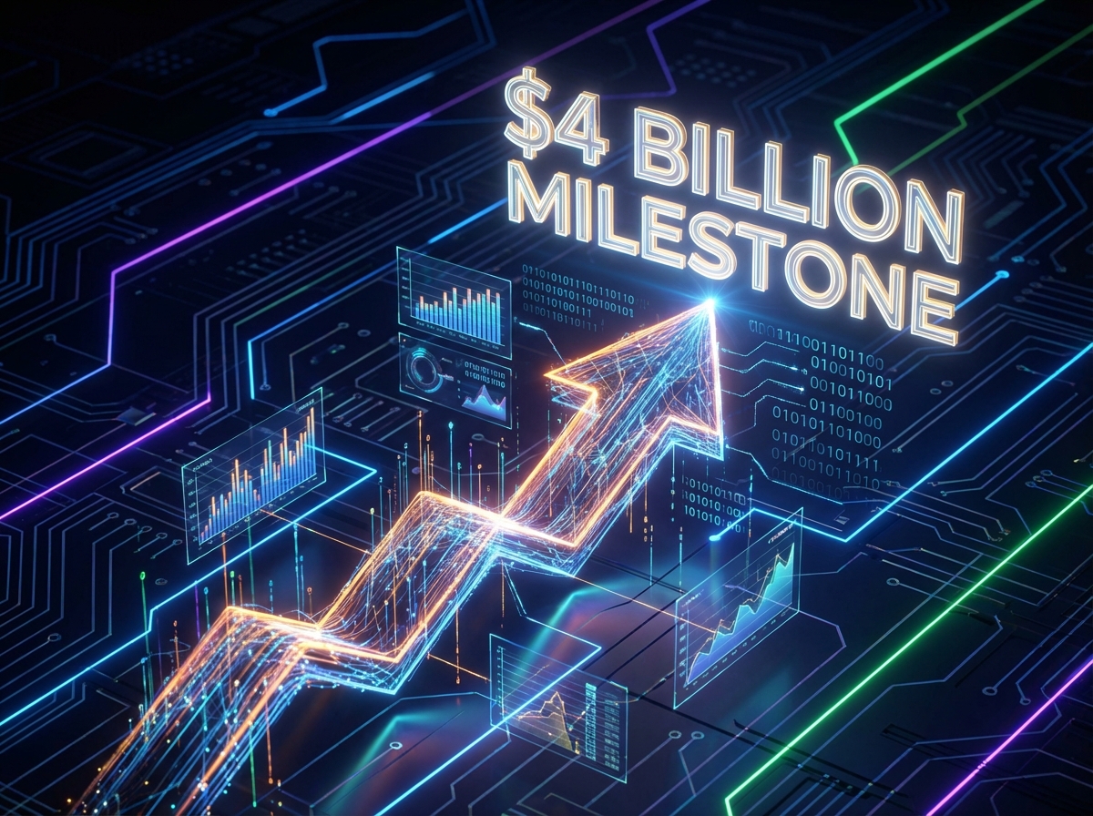 A conceptual illustration of a glowing upward arrow merging with digital data patterns representing financial growth and a 4 billion dollar milestone. Dark background with neon accents, futuristic, 4:3