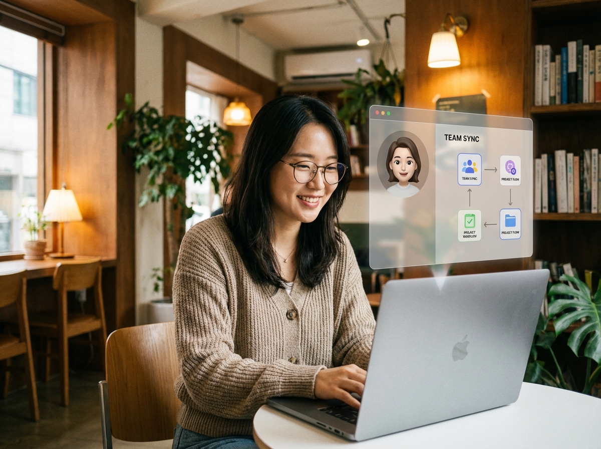 A friendly and professional Korean woman working on a laptop in a cozy modern cafe, while a semi-transparent digital avatar interface floats beside the screen showing a collaborative workflow. Warm lighting, natural setting, 4:3