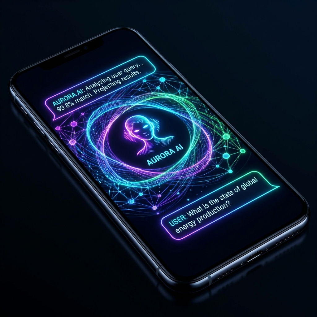 A futuristic AI chatbot interface on a smartphone screen showing glowing data streams and neural network patterns, high contrast, modern layout, 1:1