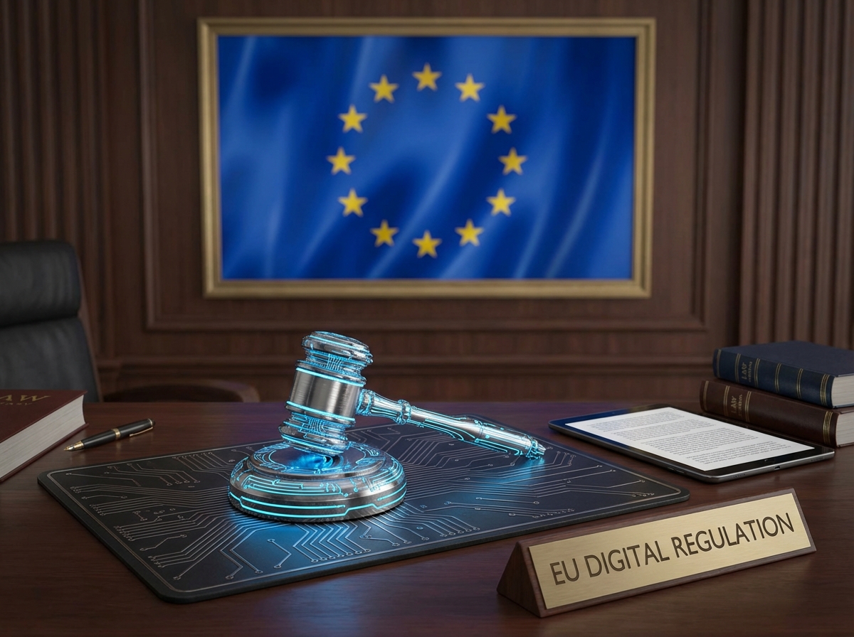 European Union flag in the background with a stylized digital gavel and circuit board patterns on a desk, professional legal atmosphere, 4:3
