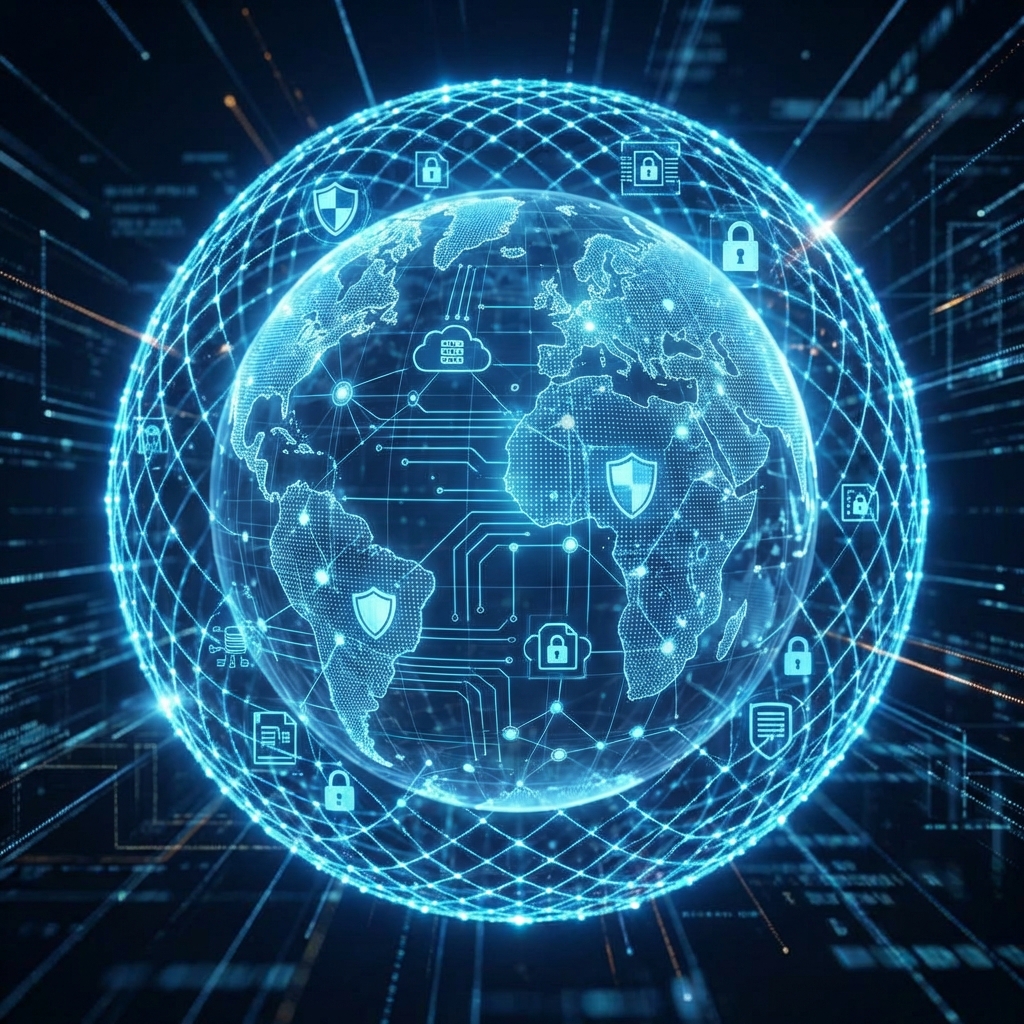 A glowing blue digital safety net overlaying a globe and data nodes, representing cybersecurity and protection, high tech texture, 1:1