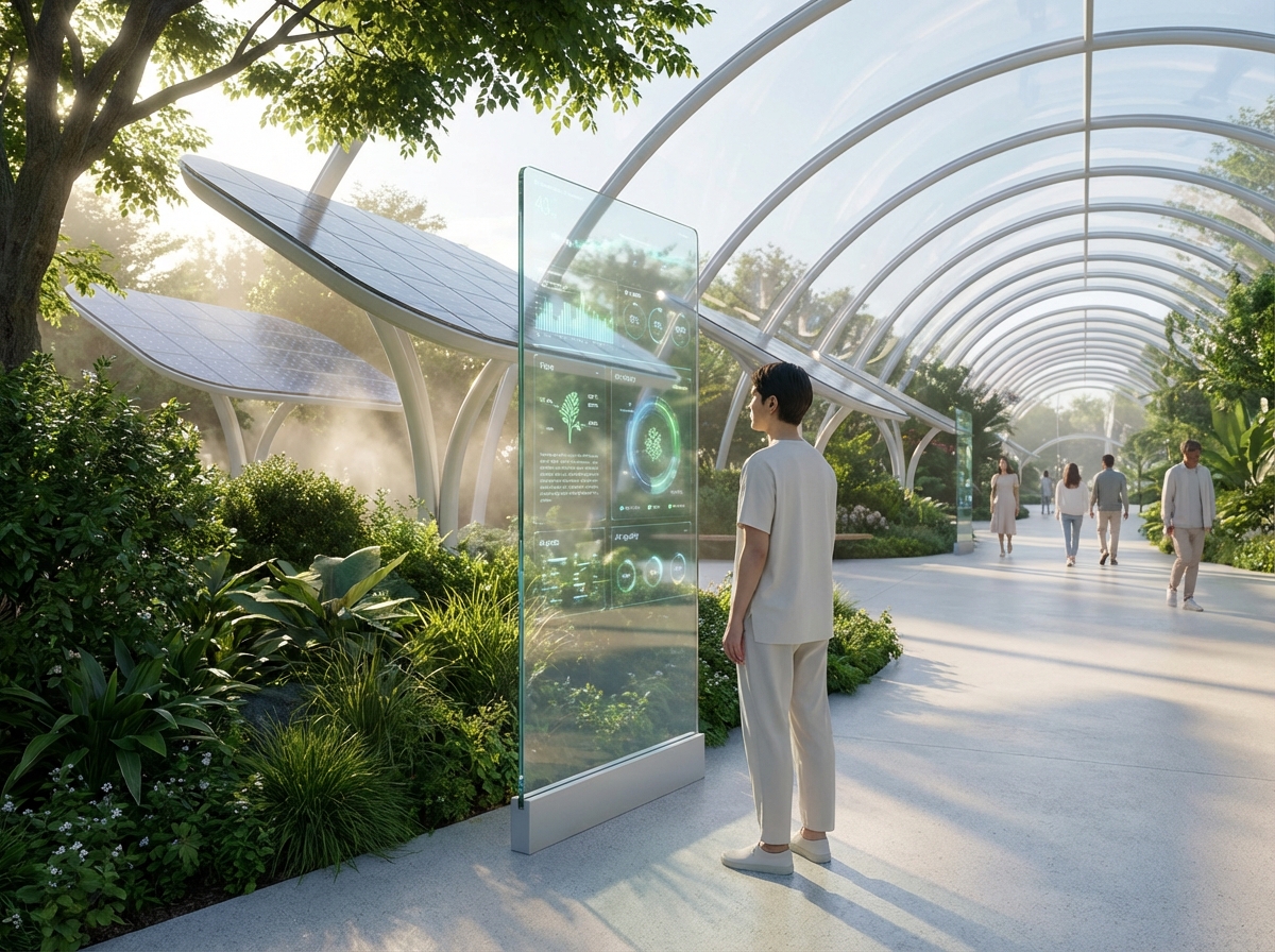 A person looking at a transparent digital screen in a clean futuristic park, natural lighting, harmonious atmosphere, 4:3