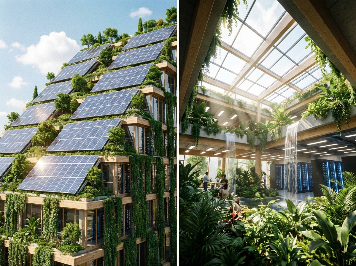A futuristic sustainable data center integrated with lush green vegetation and solar panels, eco-friendly architecture, bright and airy environment, high contrast, 4:3