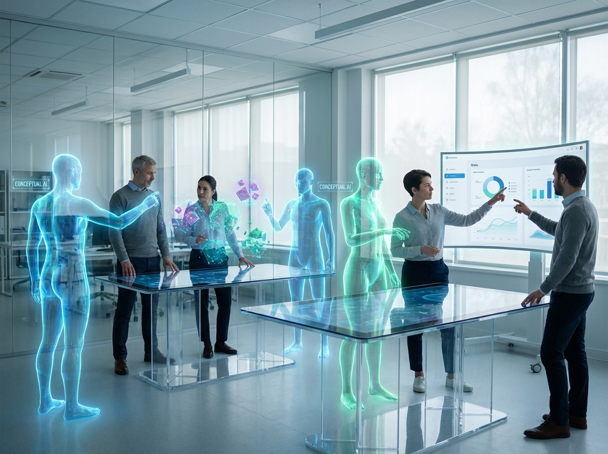Conceptual AI agents interacting with human staff glowing data nodes intuitive interface bright corporate lab setting 4:3