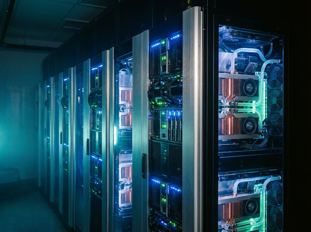 Close-up of modern high-performance GPU server racks in a dimly lit data center, glowing blue and green led lights, sleek metallic surfaces, 4:3