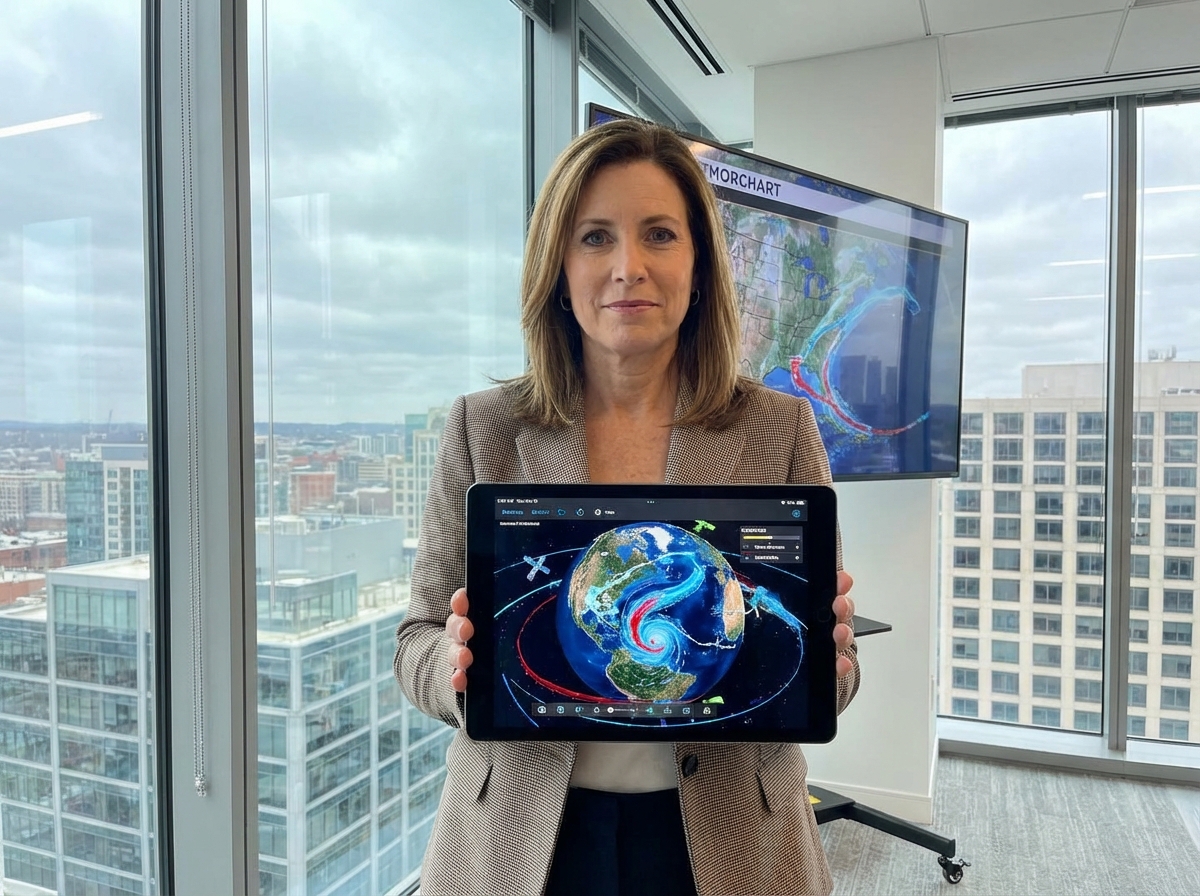 A professional meteorologist holding a tablet showing a 3D detailed weather map with storm tracks, standing in a modern office with large windows, natural daylight, 4:3