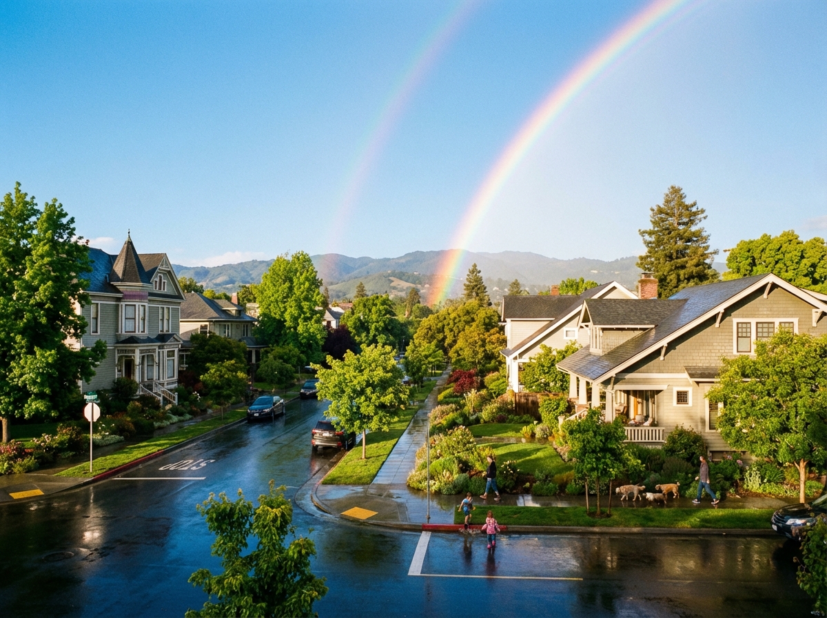 A peaceful suburban neighborhood with a clear blue sky after a storm, a rainbow in the distance, lush green trees, bright and hopeful atmosphere, 4:3
