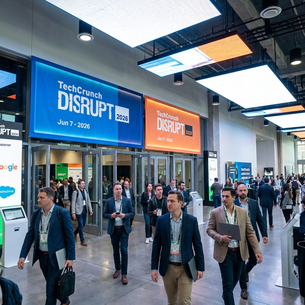 A professional and energetic scene of a major tech conference entrance with large banners showing TechCrunch Disrupt 2026, many people in business casual attire walking in, bright lighting, high contrast, modern tech event atmosphere, 1:1