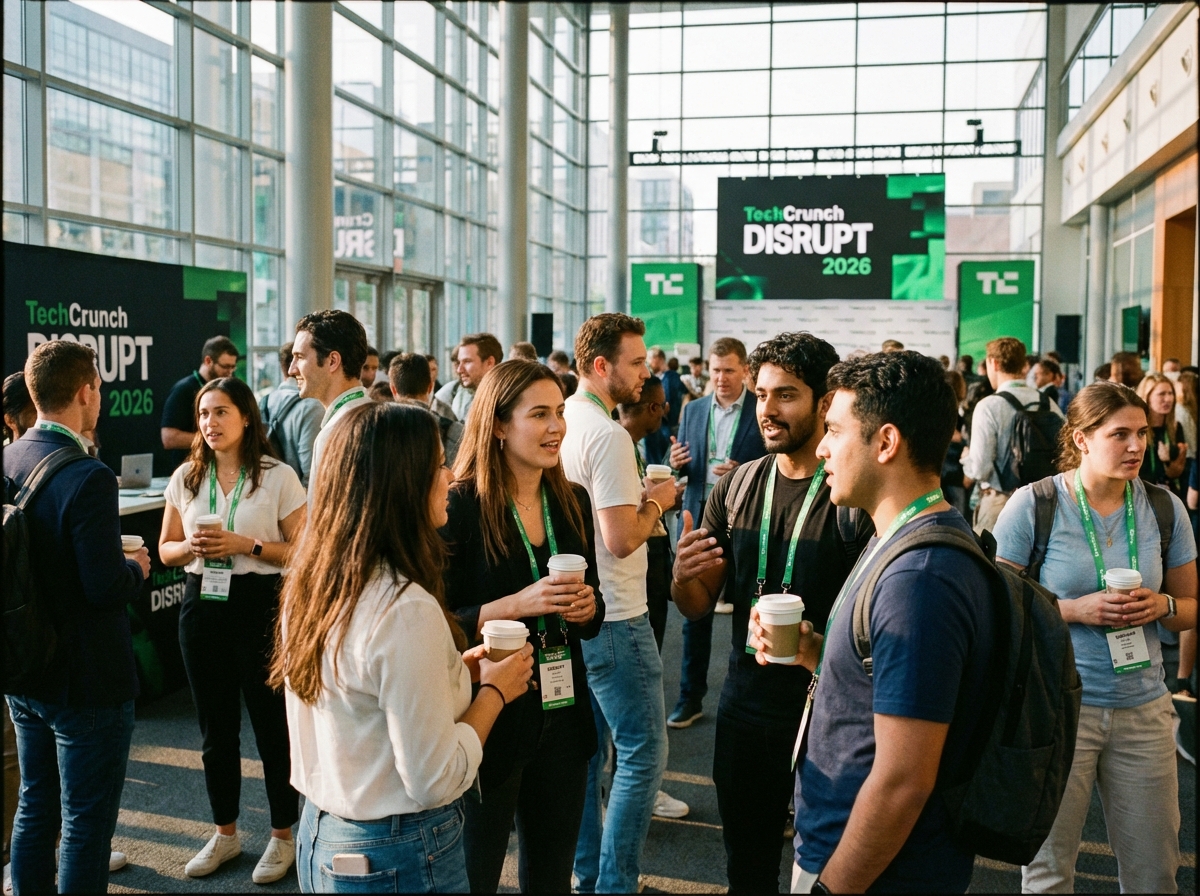 Professional networking scene at a tech conference, diverse group of young entrepreneurs and investors talking with coffee, modern glass building interior, TechCrunch Disrupt 2026 theme, realistic photography, warm lighting, 4:3