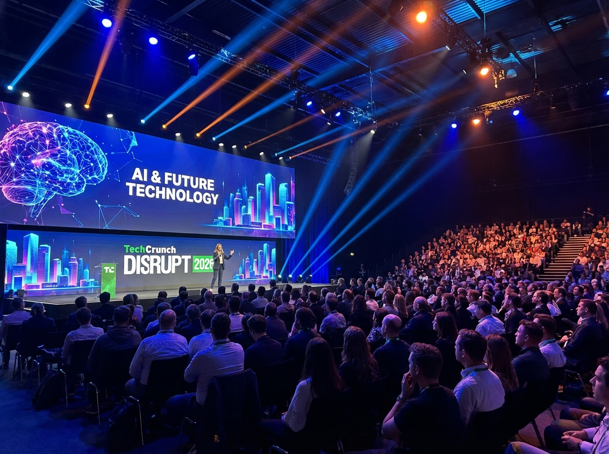 Large tech conference stage with a charismatic speaker, giant screen showing AI and future technology graphics, TechCrunch Disrupt 2026 logo visible, audience sitting in a modern hall, cinematic lighting, 4:3