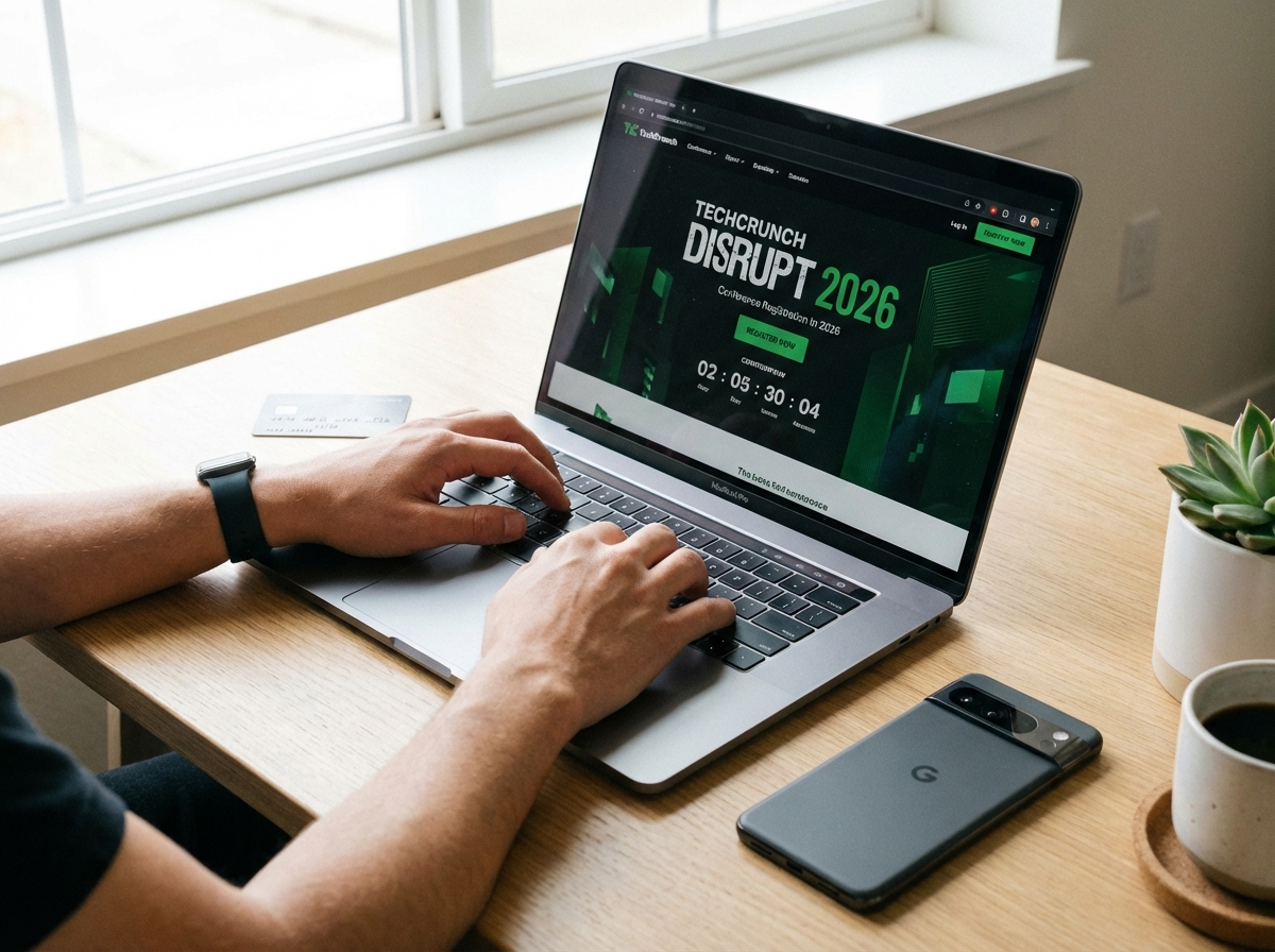 Close up of hands typing on a sleek laptop and a smartphone, tech conference registration page visible on screen, credit card nearby, modern minimal desk, bright natural lighting, TechCrunch Disrupt 2026 text on screen, 4:3