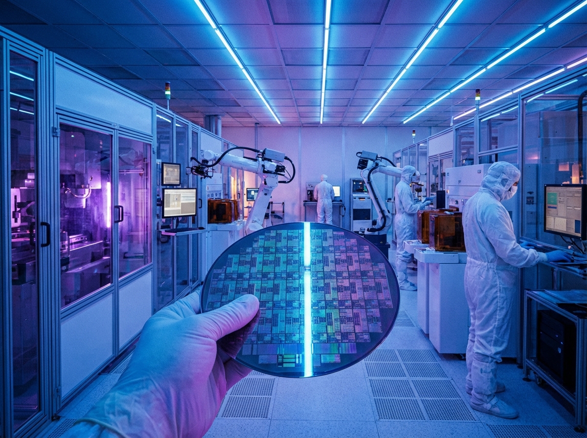 High-tech semiconductor cleanroom showing a silicon wafer and advanced manufacturing equipment, futuristic and professional lighting, 4:3