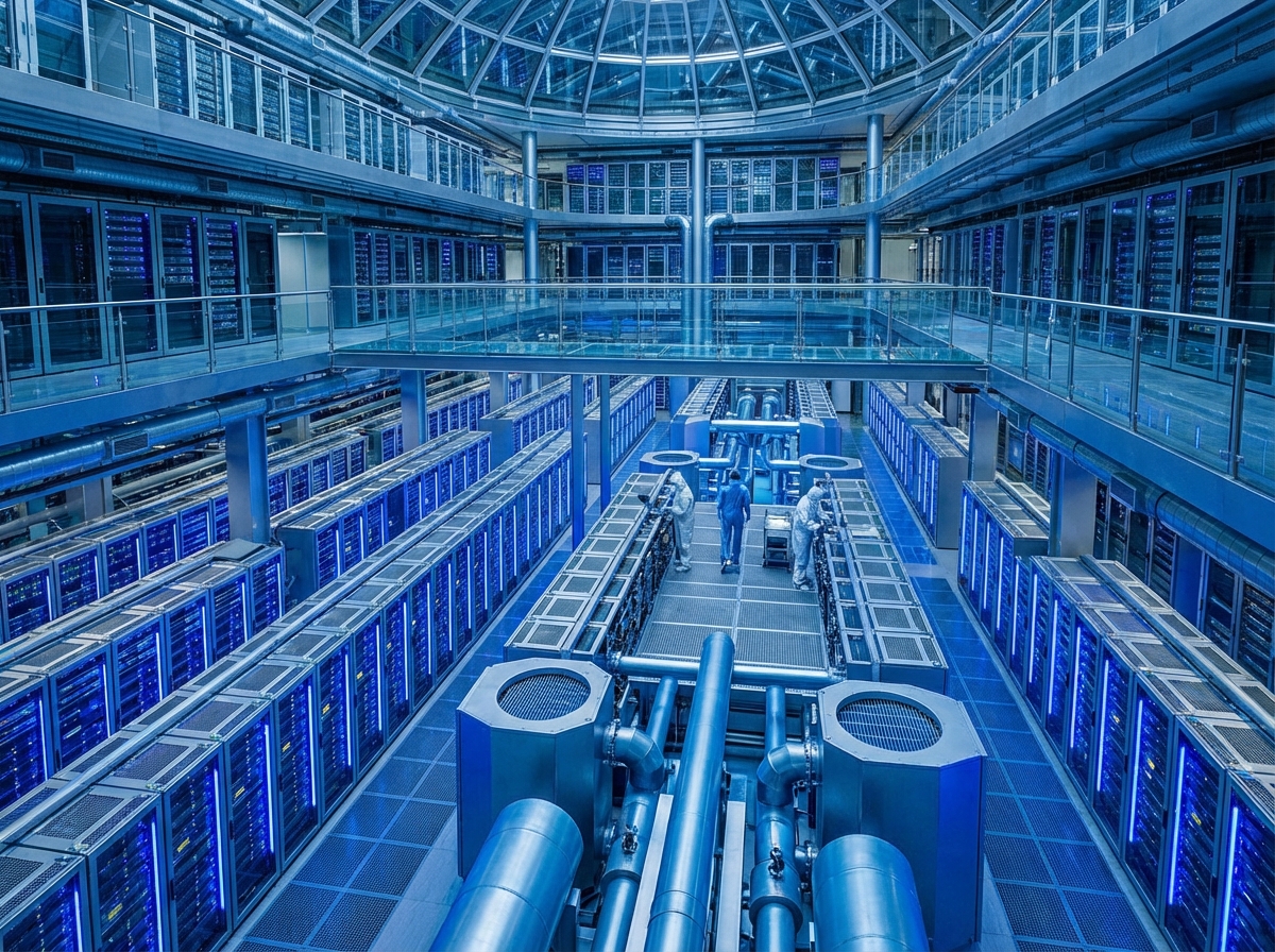 Interior of a massive modern data center with glowing server racks and advanced cooling systems, blue and silver color palette, wide angle, 4:3