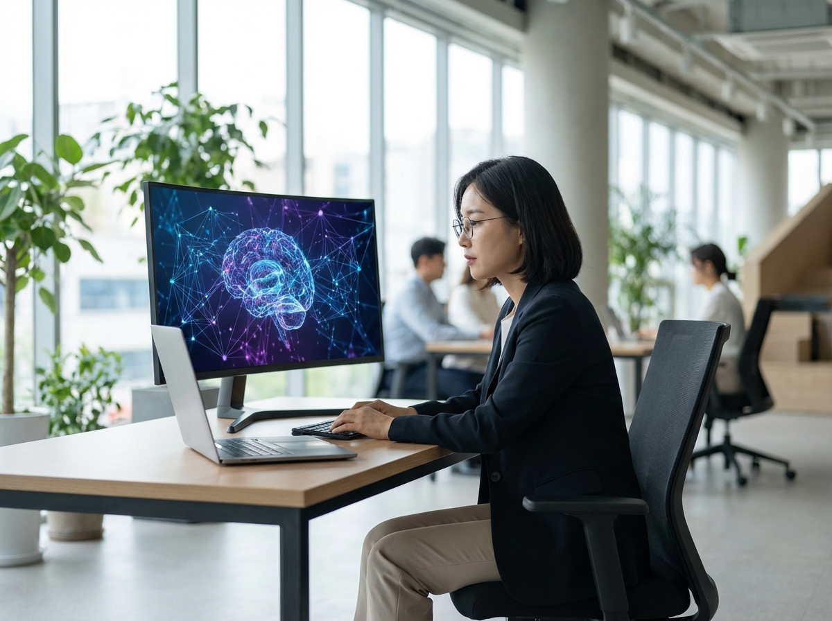 A professional Korean person sitting at a desk with a laptop, looking at high-tech AI visualization on a screen, modern office interior with soft natural lighting, 4:3