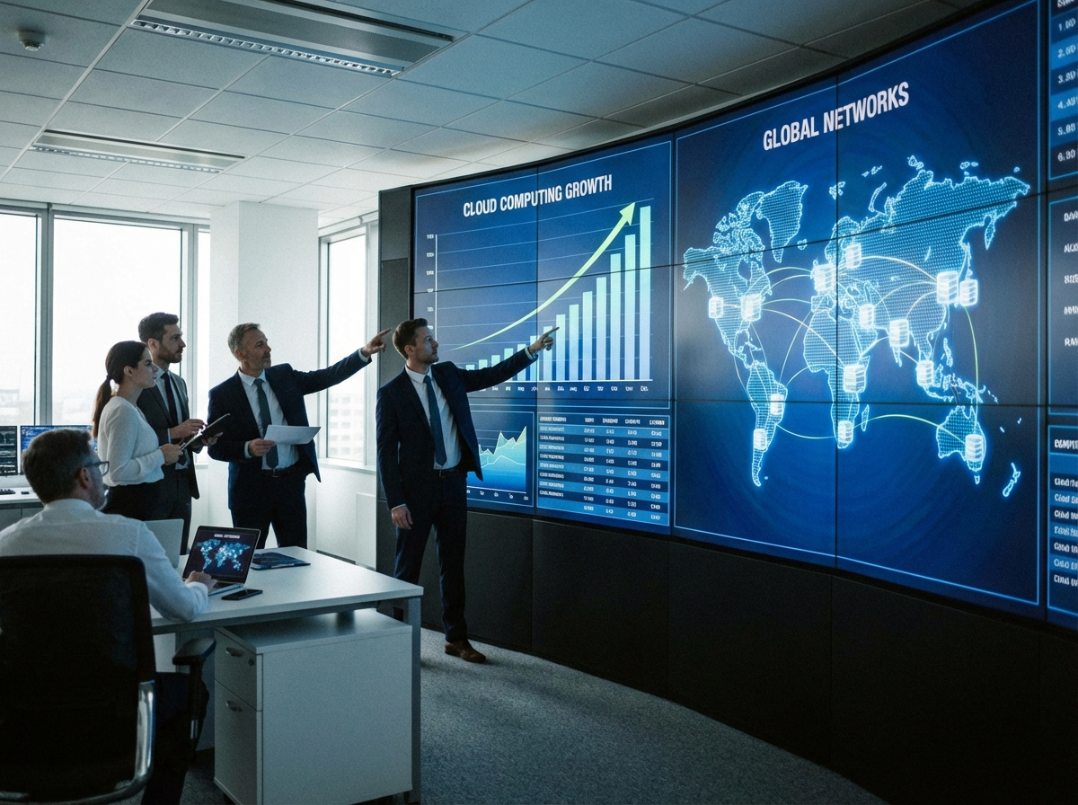 Business professionals analyzing digital data screens showing cloud computing growth and global networks 4:3