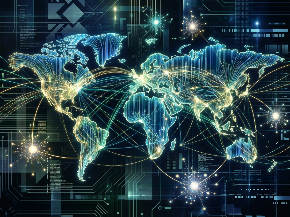 Abstract digital representation of global connectivity with glowing fiber optic lines and data nodes pulsing with light, sophisticated tech background, 4:3