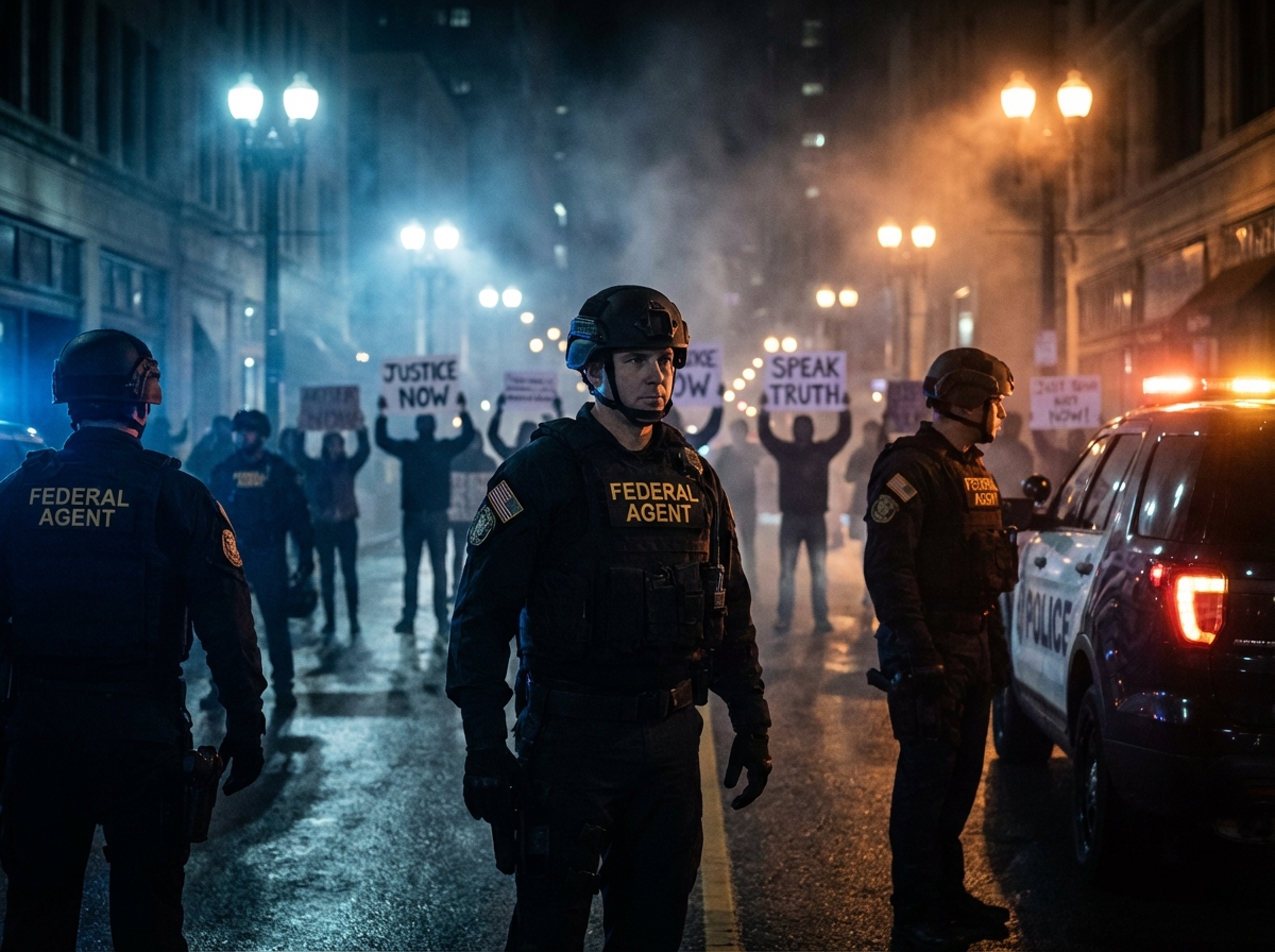 Dramatic scene of federal agents in tactical gear on a city street at night, protest signs in the background, high contrast lighting, cinematic atmosphere, 4:3