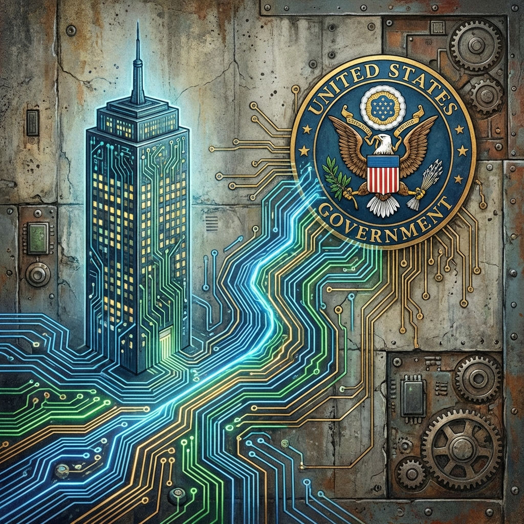 Artistic rendering of a digital circuit board connecting a corporate skyscraper to a government seal, glowing lines representing data flow, textured background, 1:1