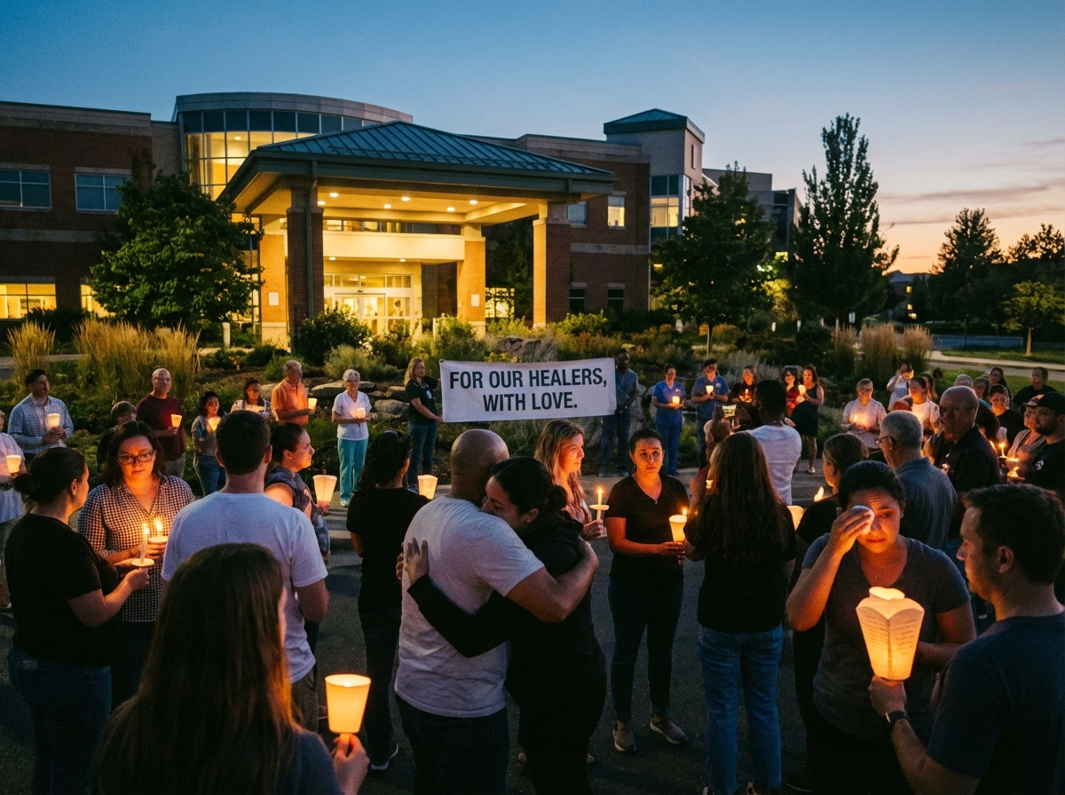Lifestyle photography of a peaceful candlelight vigil in front of a hospital building at dusk, warm lighting, natural setting, emotional atmosphere, 4:3