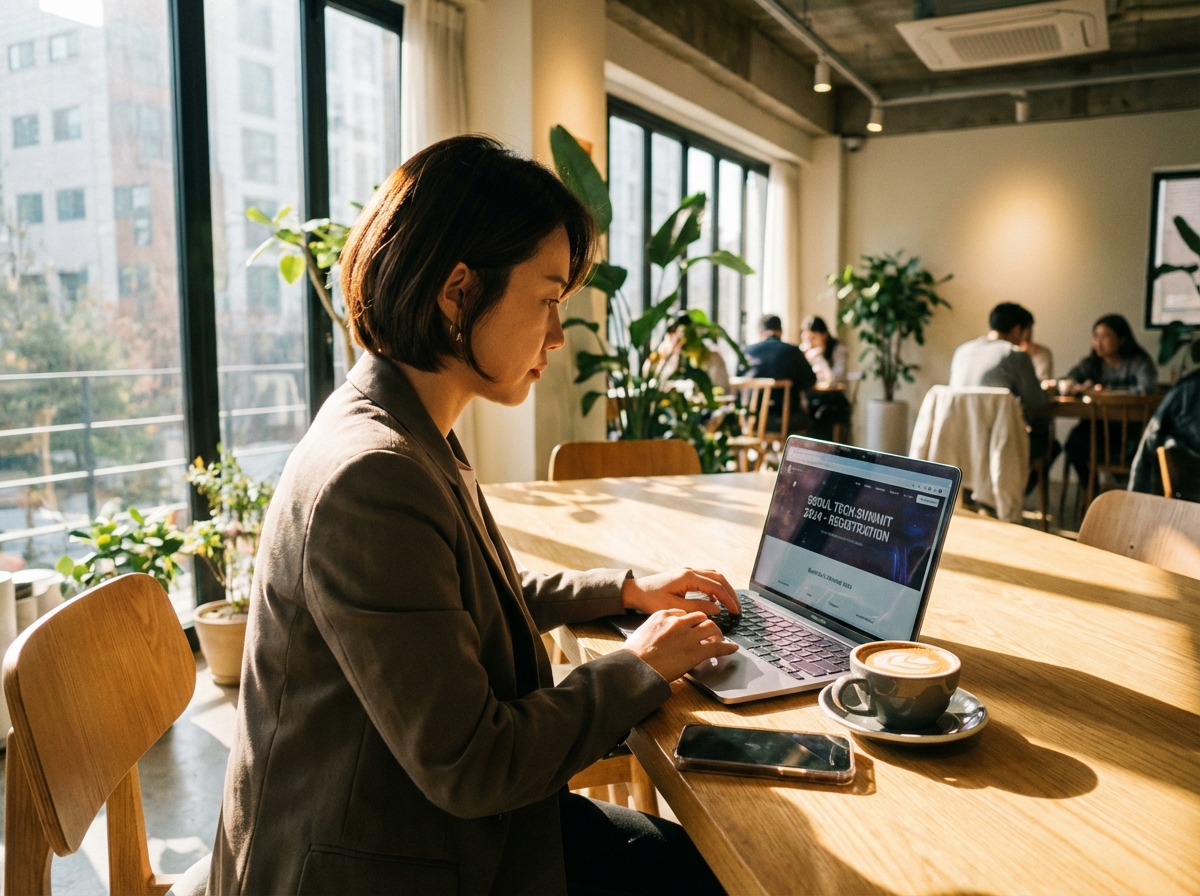 A Korean entrepreneur sitting in a sunlit modern cafe, focused on a laptop screen showing an event registration page. Next to the laptop is a coffee cup and a smartphone. Warm lighting, professional lifestyle photography, 4:3.