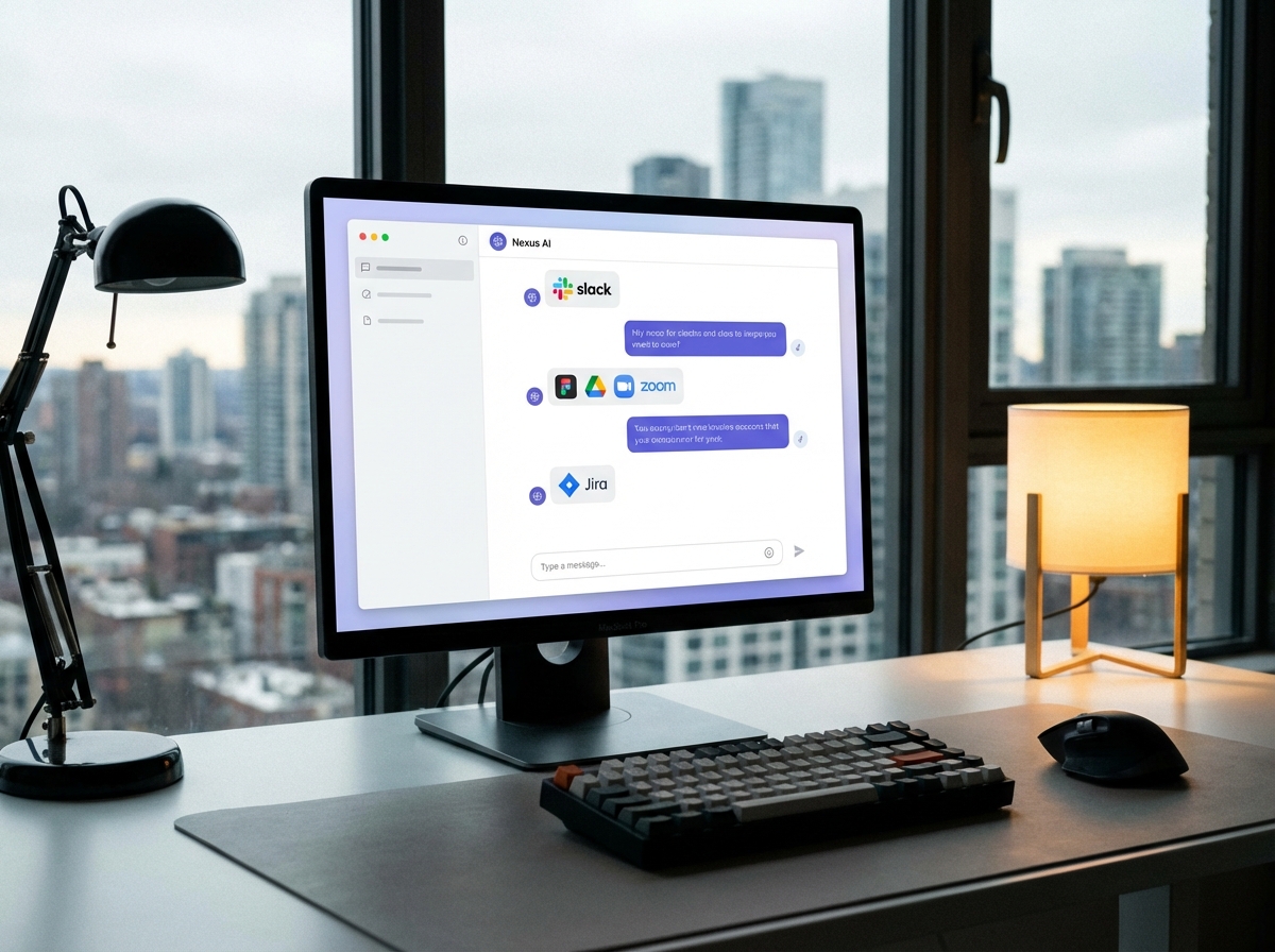 A modern office desk with a laptop showing a clean chatbot interface integrating various workplace app icons like Slack and Figma. High-tech and professional atmosphere, soft cinematic lighting, focus on the screen. 4:3